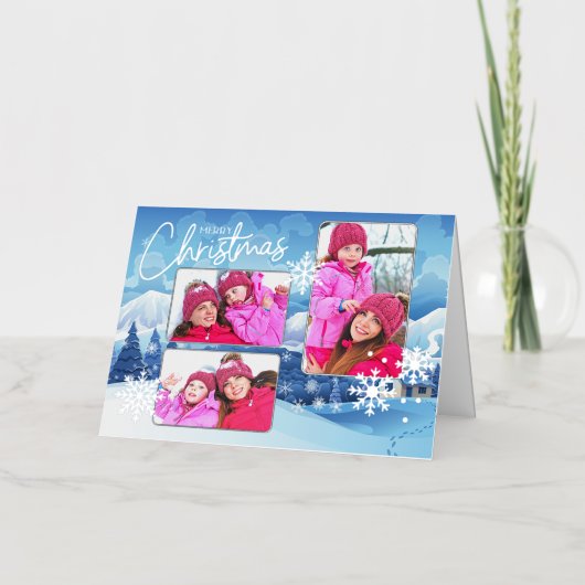 雪の風景フォトクリスマスフォールディングシルバーフォイル 箔グリーティングカード (正面)