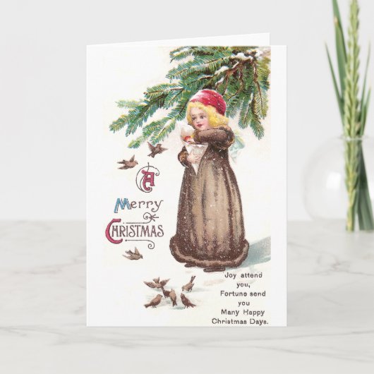 雪の食べ物を与え中の少女の鳥 シーズンカード (正面)