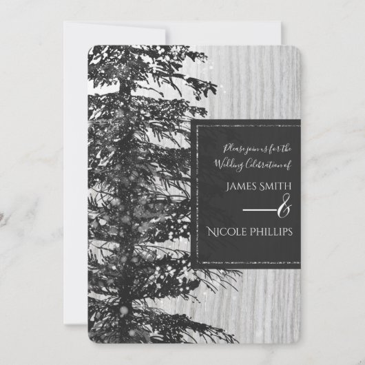 雪の高い松の木の森の素朴冬の結婚式 招待状 (正面)