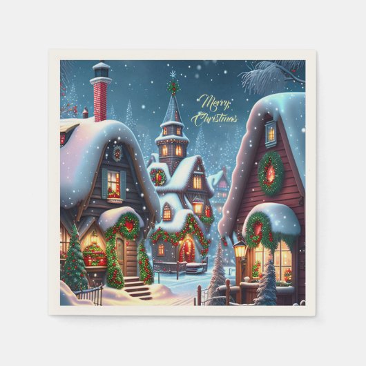 雪の魅力的多いクリスマスの村カスタム スタンダードカクテルナプキン (正面)