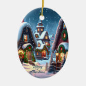 雪の魅力的多いクリスマスの村カスタム セラミックオーナメント (正面)
