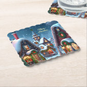 雪の魅力的多いクリスマスの村カスタム ペーパーコースター (アングル)