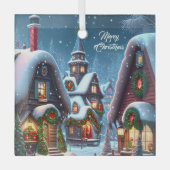 雪の魅力的多いクリスマス村 ガラスオーナメント (正面)