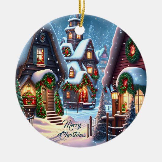 雪の魅力的多いクリスマス村 セラミックオーナメント (正面)