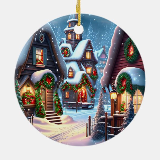 雪の魅力的多いクリスマス村 セラミックオーナメント (裏面)