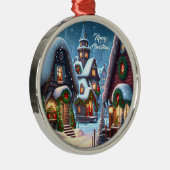 雪の魅力的多いクリスマス村 メタルオーナメント (右)