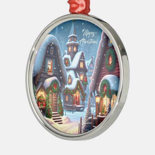雪の魅力的多いクリスマス村 メタルオーナメント (左)