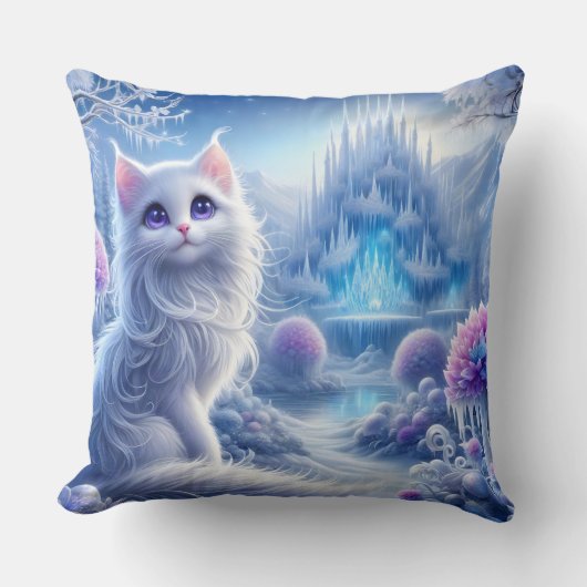 雪の魔法の世界にいる優雅な白猫 クッション (正面)