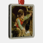 雪の鳥を持つ若い男の子 メタルオーナメント (右)