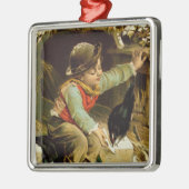 雪の鳥を持つ若い男の子 メタルオーナメント (左)