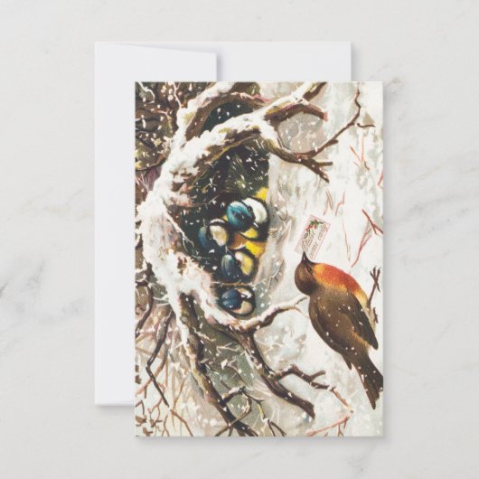 雪の鳥を描いたヴィンテージクリスマスはがき 招待状 (正面)
