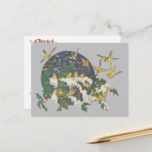 雪の鳥、ホリー、雪 – クリスマス ポストカード (正面/裏面インサイチュ)