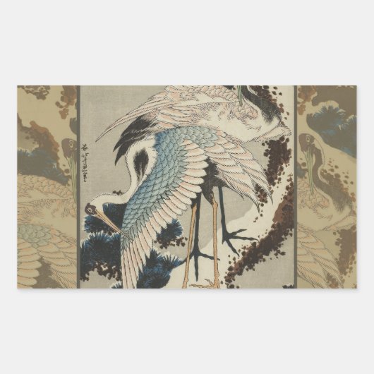 雪の鶴が松の北斎を覆う 長方形シール (正面)