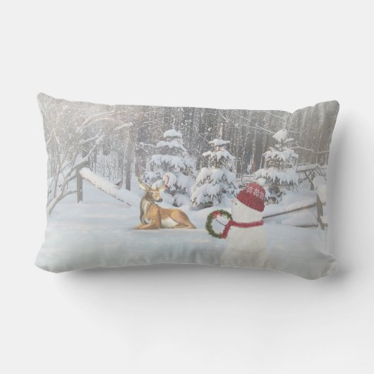 雪の鹿のためのリース付きクリスマス雪だるま ランバークッション (裏面)