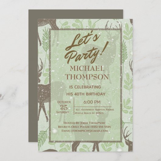 雪の鹿ハンターバースデーパーティーへの招待 招待状 (正面/裏面)