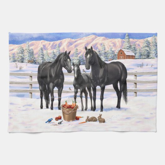 雪の黒い四分の馬 キッチンタオル (横)