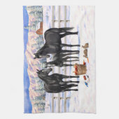 雪の黒い四分の馬 キッチンタオル (縦)