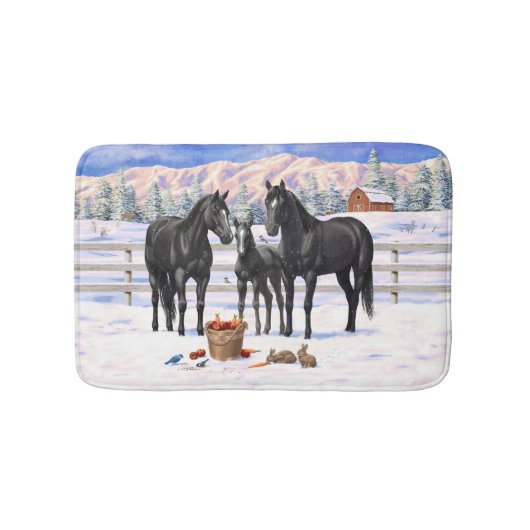 雪の黒い四分の馬 バスマット (正面)