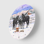 雪の黒い四分の馬 ラウンド壁時計 (傾斜)