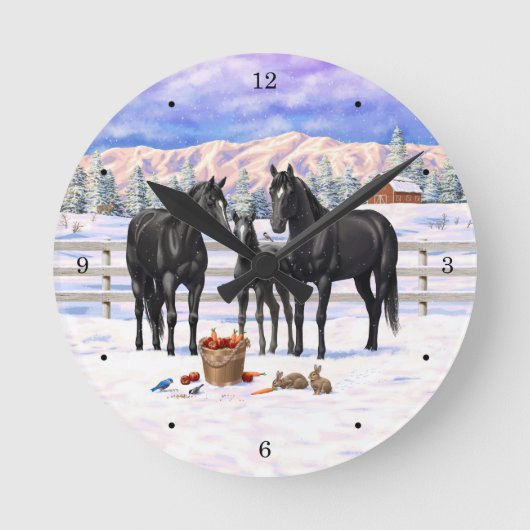 雪の黒い四分の馬 ラウンド壁時計 (正面)