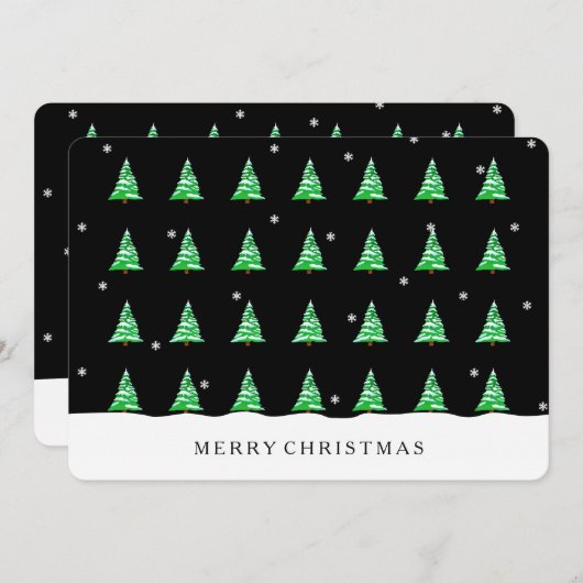 雪の黒い招待カードのクリスマスツリー 招待状 (正面/裏面)