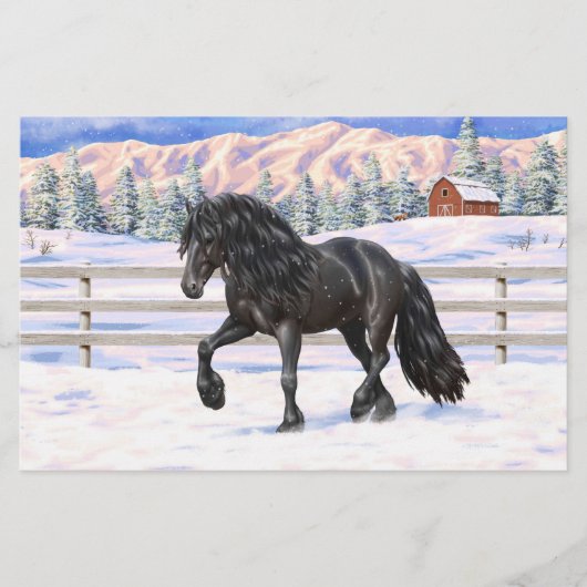 雪の黒い荷車を引くフリシアの馬 (正面)