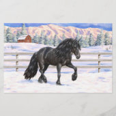 雪の黒い荷車を引くフリシアの馬 (裏面)