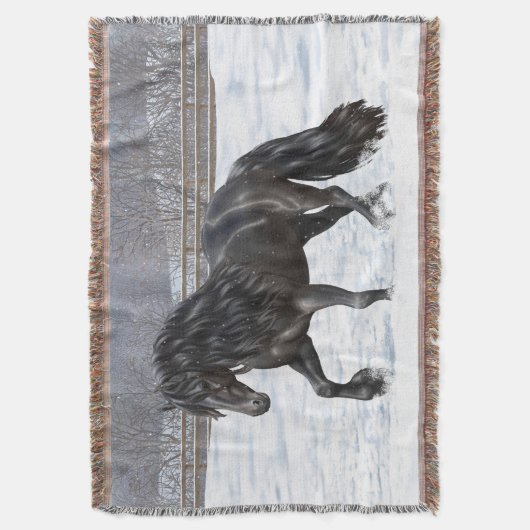 雪の黒い荷車を引くフリシアの馬 スローブランケット (正面縦)