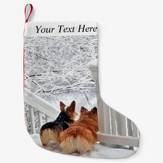 雪の2匹のコーギー スモールクリスマスストッキング (正面)