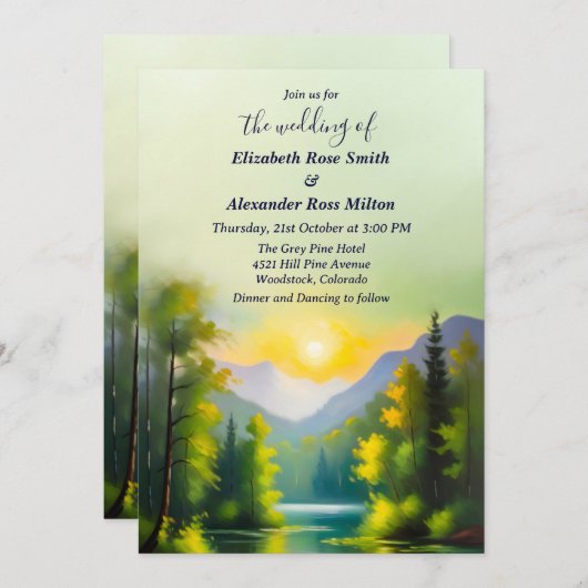 雪は山と湖の風景を覆っ結婚た 招待状 (正面/裏面)