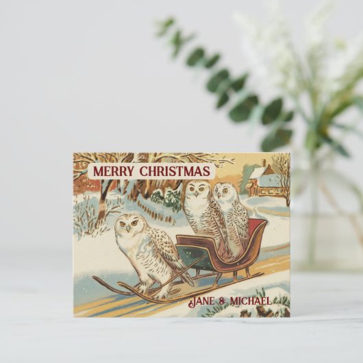 雪ふくろうメリークリスマスネーム ポストカード (スタンド正面)