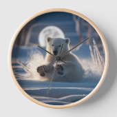雪よくはしゃぐの中で転がのシロクマの子 壁時計 (正面)
