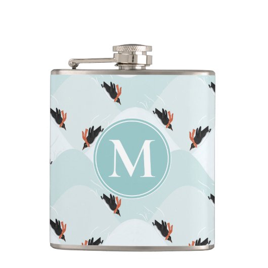 雪よくはしゃぐ模様のペンギン フラスク (正面)