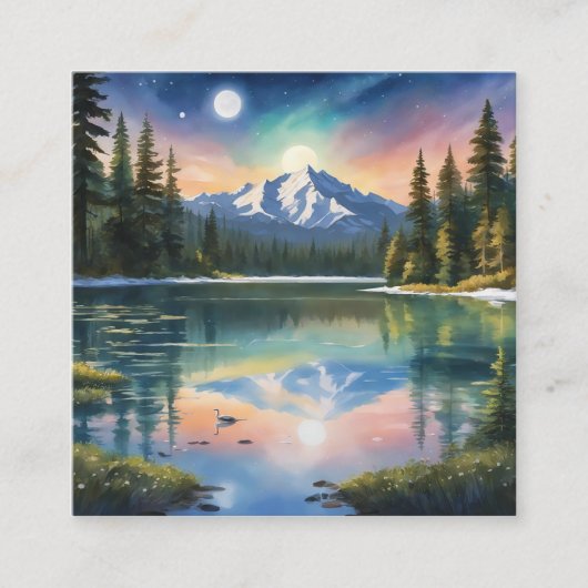 雪をかぶった山々と澄ん湖。 スクエア名刺 (正面)