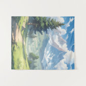 雪をかぶった山々と緑豊かな森 タペストリー (正面(横))