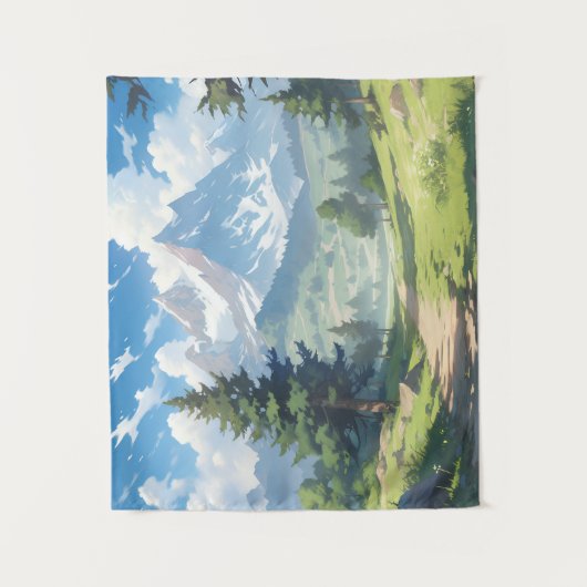 雪をかぶった山々と緑豊かな森 タペストリー (正面)