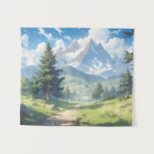 雪をかぶった山々と緑豊かな森 タペストリー (正面(横))