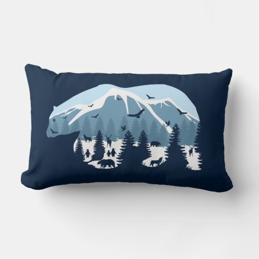 雪をかぶった山の森のクマ 自然 動物 ランバークッション (正面)