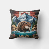 雪をかぶった山頂とカナダビーバー クッション (裏面)