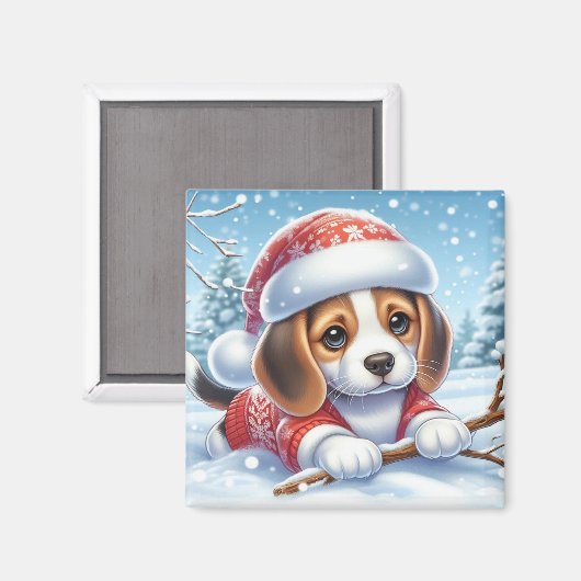 雪を楽しむクリスマス衣装のビーグル人形 マグネット (正面/裏面)