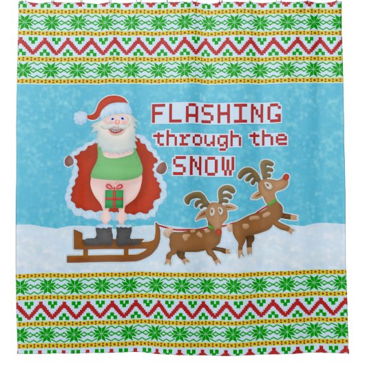 雪を通って点滅しているおもしろいなクリスマス|サンタクロース シャワーカーテン (正面)