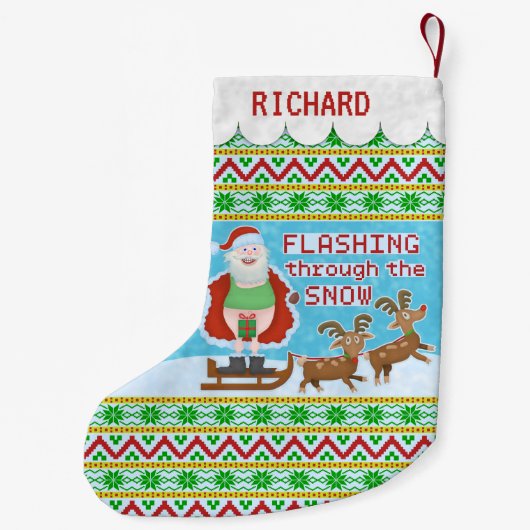 雪を通って点滅しているおもしろいなクリスマス|サンタクロース スモールクリスマスストッキング (裏面)