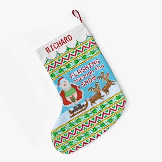 雪を通って点滅しているおもしろいなクリスマス|サンタクロース スモールクリスマスストッキング (裏面 (吊り時))