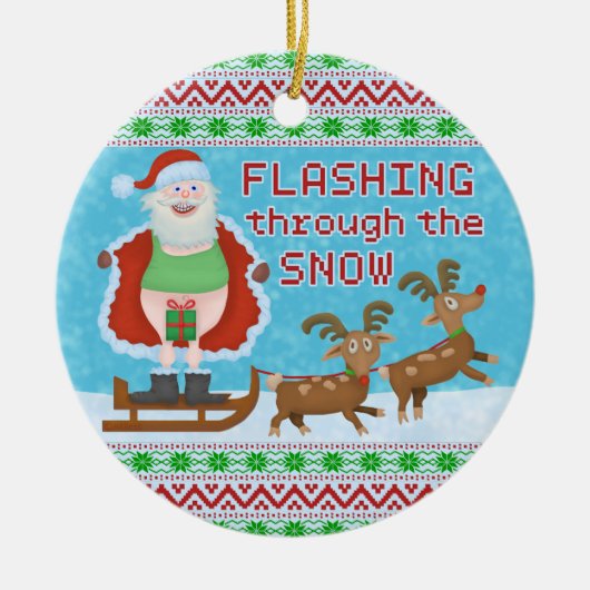 雪を通って点滅しているおもしろいなクリスマス|サンタクロース セラミックオーナメント (正面)