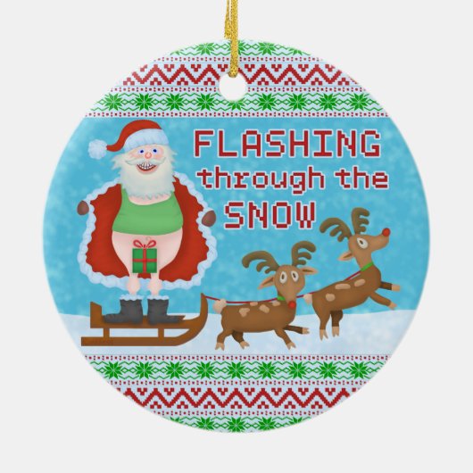 雪を通って点滅しているおもしろいなクリスマス|サンタクロース セラミックオーナメント (裏面)