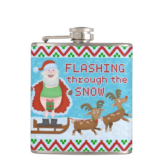 雪を通って点滅しているおもしろいなクリスマス|サンタクロース フラスク (正面)