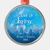 雪を降らせよう私たちの最初のクリスマスブルー メタルオーナメント (正面)