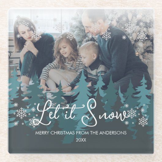 雪を降らせる |雪の松の木のクリスマスフォト ガラスコースター (正面)