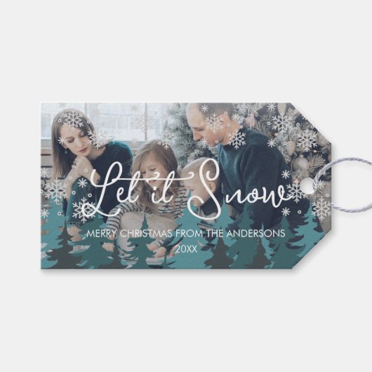 雪を降らせる |雪の松の木のクリスマスフォト ギフトタグ (正面(横))