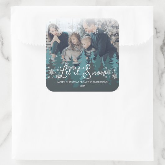 雪を降らせる |雪の松の木のクリスマスフォト スクエアシール (バッグ)